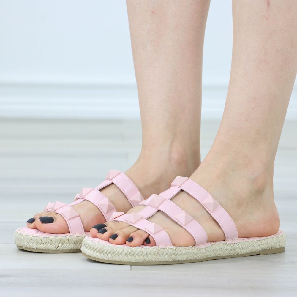 Pink Quilted Pattern Espadrille Trendy Comfy Flat Sandal Slip On Sliders - Picture 15 of 15
